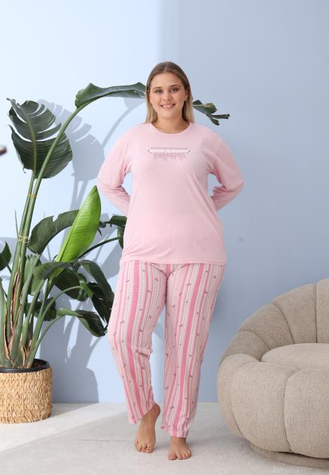 Pijama Dama ,Big Size ,'BELIEVE IN YOURSELF" cu Pantloni si Maneca lunga, Culoare Roz ,Engros